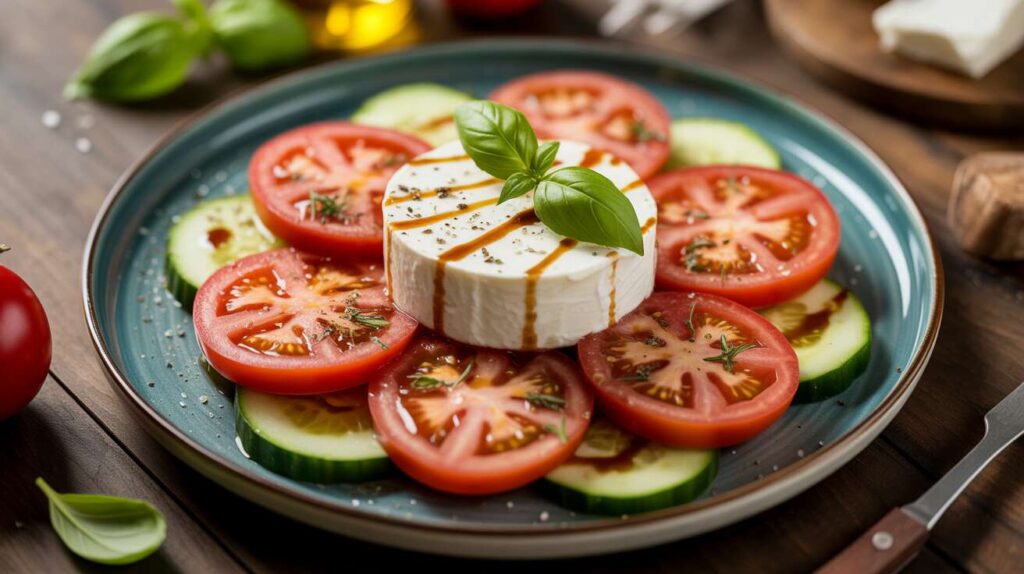 Recette de carpaccio de tomates et concombre au chèvre