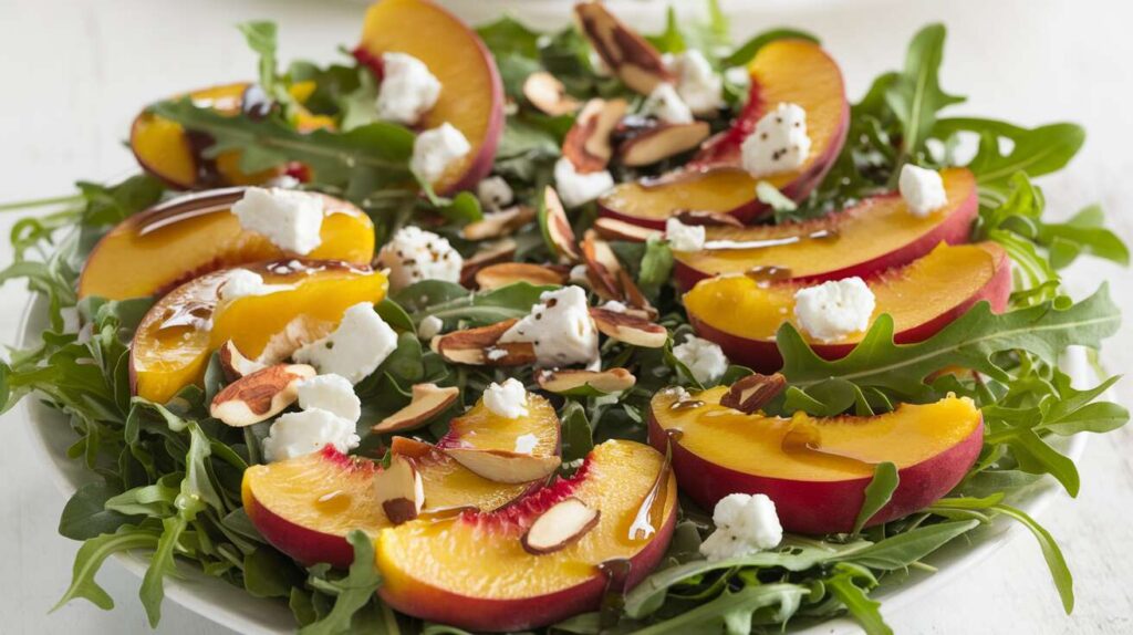 Salade de Pêche, roquette, amandes et Fromage : recette Gourmande