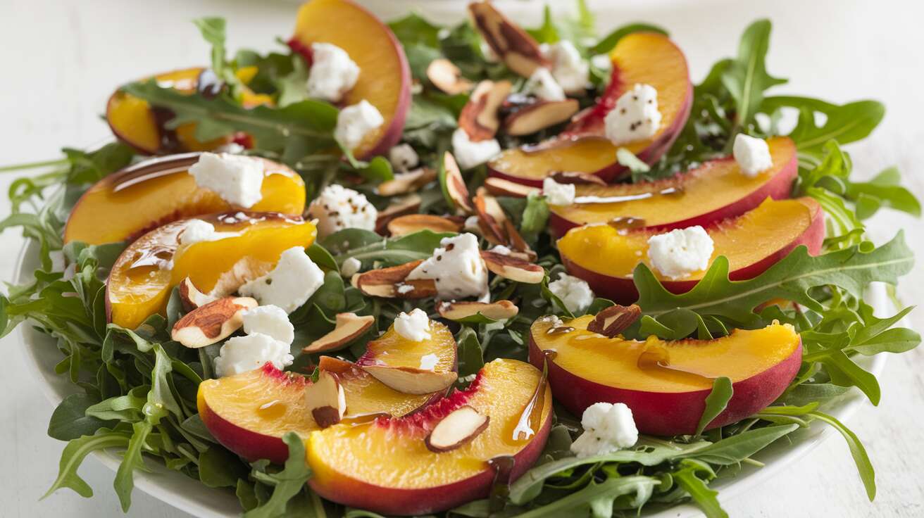 Salade de Pêche, roquette, amandes et Fromage : recette Gourmande