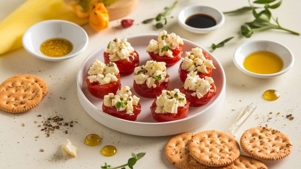 Gelée de tomate et bouchées fromagères ail et fines herbes