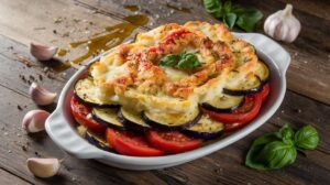 Gratin d’été léger : tomates, aubergines et courgettes au parmesan