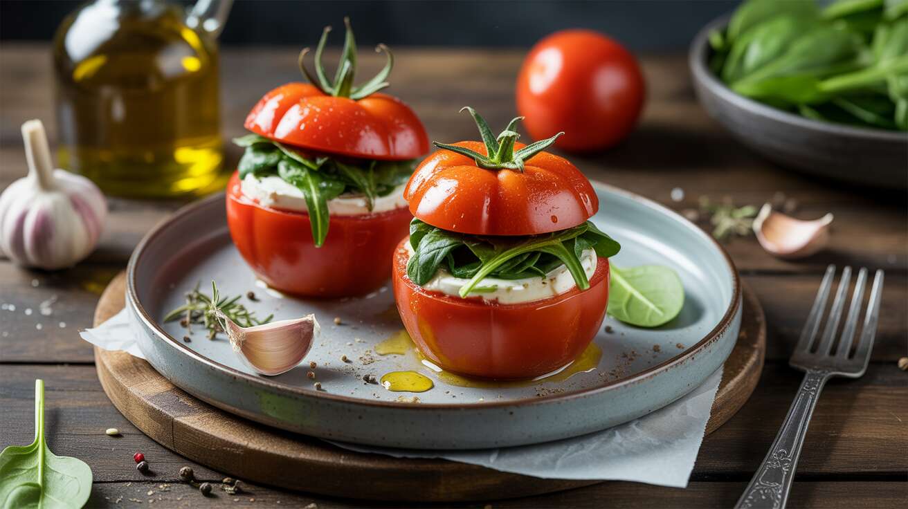 Recette de tomates farcies légères aux pousses d'épinards et fromage frais