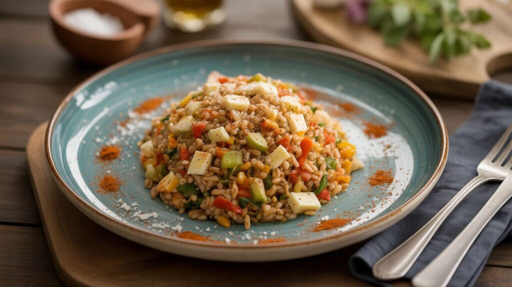 Pilaf d'épeautre aux légumes d'été et fromage