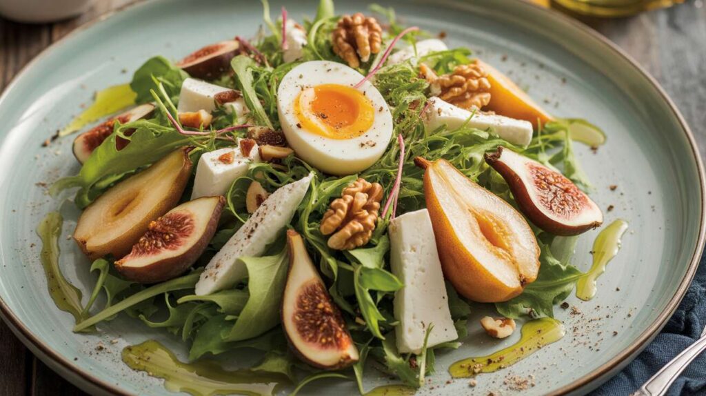 Salade composée : poire, figue, œuf mollet et bleu