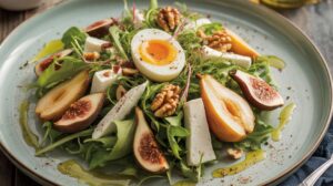 Salade composée : poire, figue, œuf mollet et bleu