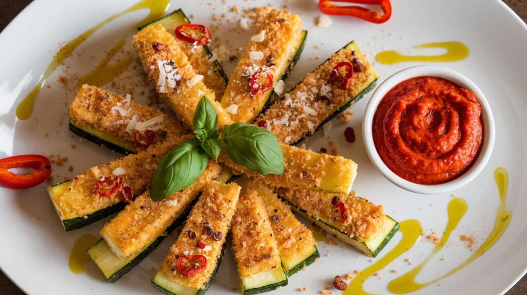 Frites de Courgette Panées et Tapenade de Poivrons Légère Sans Friture
