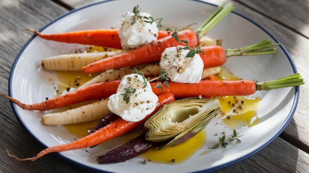 Légumes anciens rôtis au fromage frais ail et herbes