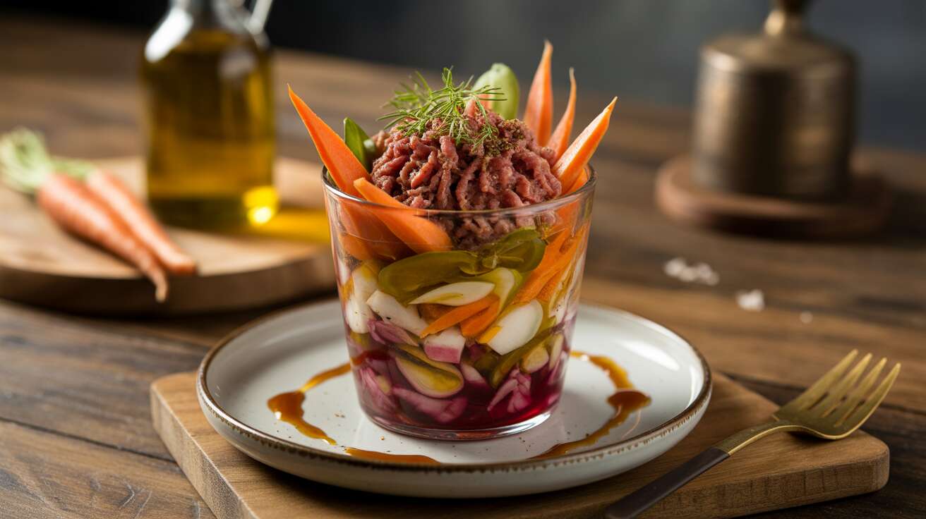 Verrine automnale : bœuf, carottes et pickles pour une entrée légère