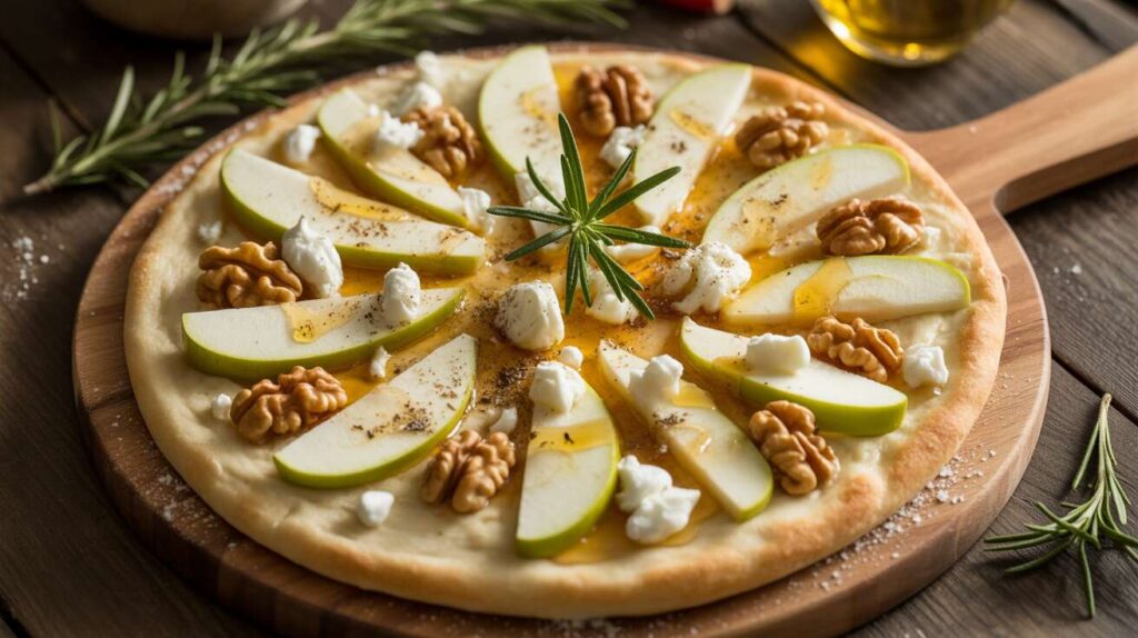 Pizza blanche : pommes, miel et fromage de chèvre frais