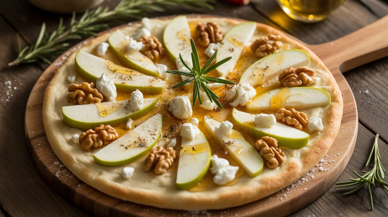 Pizza blanche : pommes, miel et fromage de chèvre frais