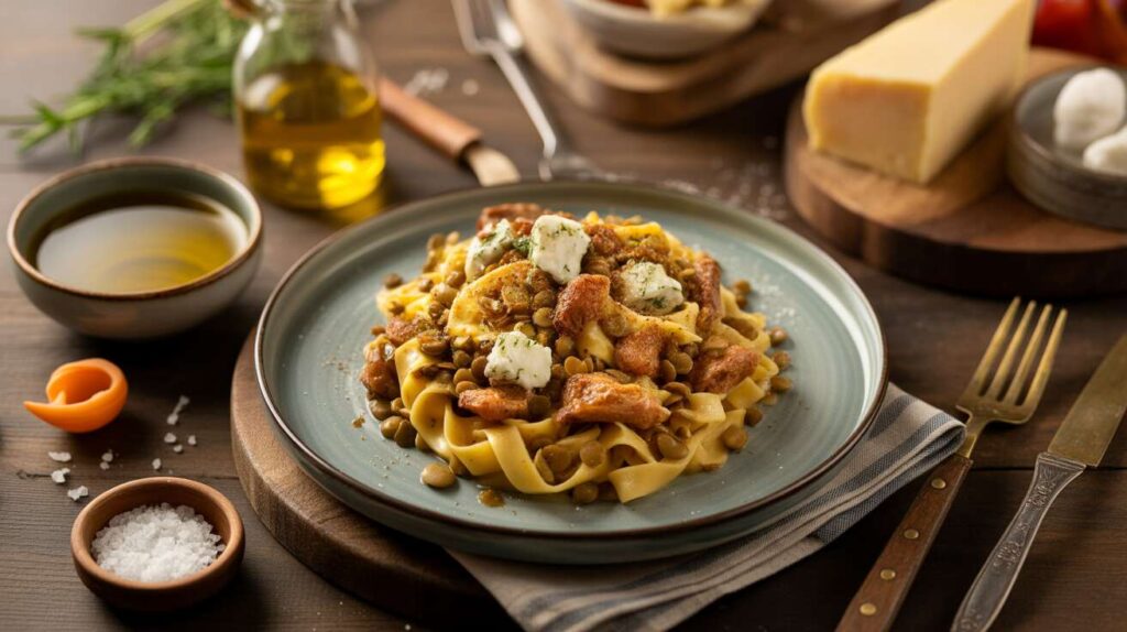 Tagliatelles légères aux lentilles, potiron et Roquefort