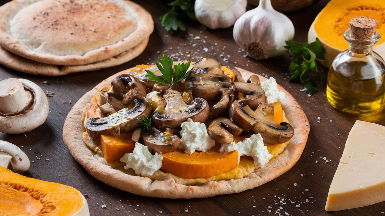 Pizza pita aux champignons persillés et courge au fromage frais