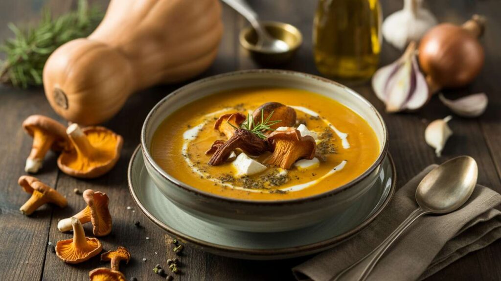 Soupe de butternut aux girolles et fromage : recette gourmande