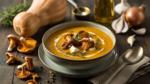 Soupe de butternut aux girolles et fromage : recette gourmande