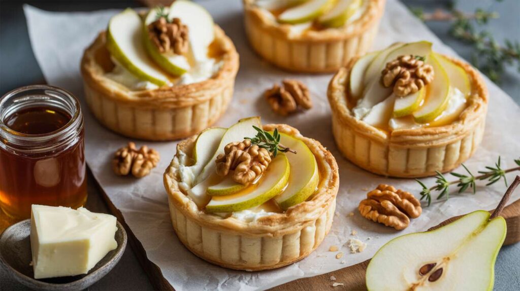 Tartelettes chèvre, miel, poire et noix : recette gourmande