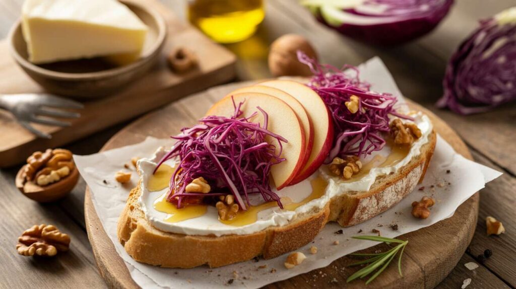 Tartine au fromage frais, chou rouge et pomme : recette savoureuse