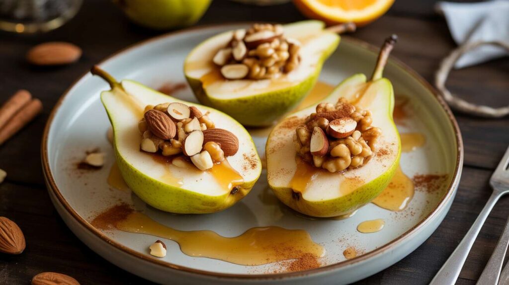 Poires Légères Farcies aux Noix et Amandes, sauce à l'Orange