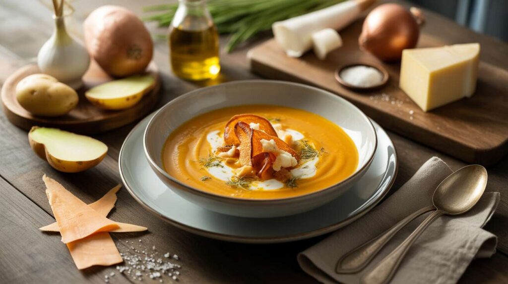 Velouté de potiron au fromage frais et chips de lard : recette savoureuse