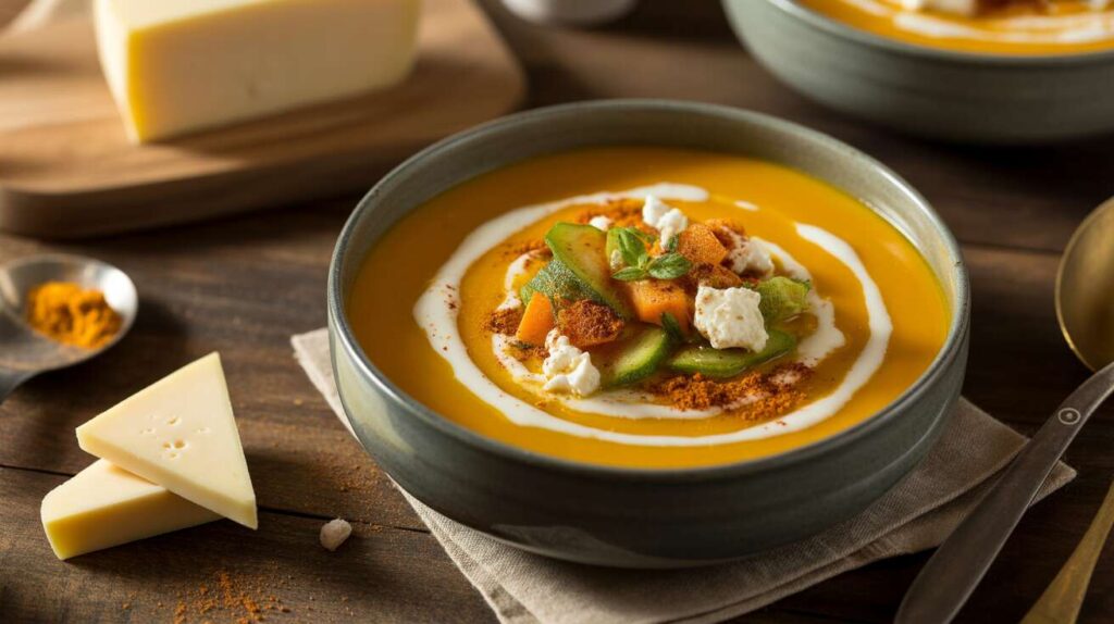 Verrines de soupe de courge au curry et fromage de brebis