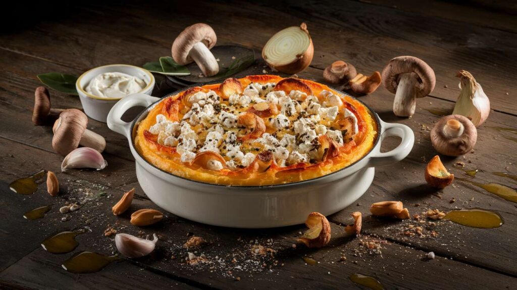 Gratin de potiron : chèvre frais, champignons et noisettes