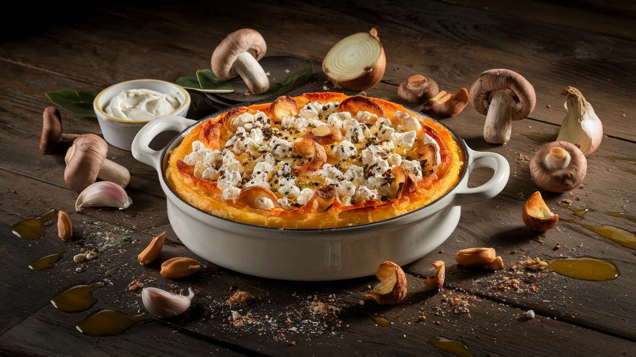 Gratin de potiron : chèvre frais, champignons et noisettes