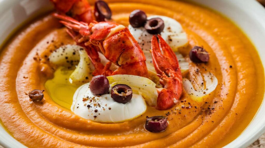 Crèmeux de potiron : recette aux écrevisses et fromage frais aux olives