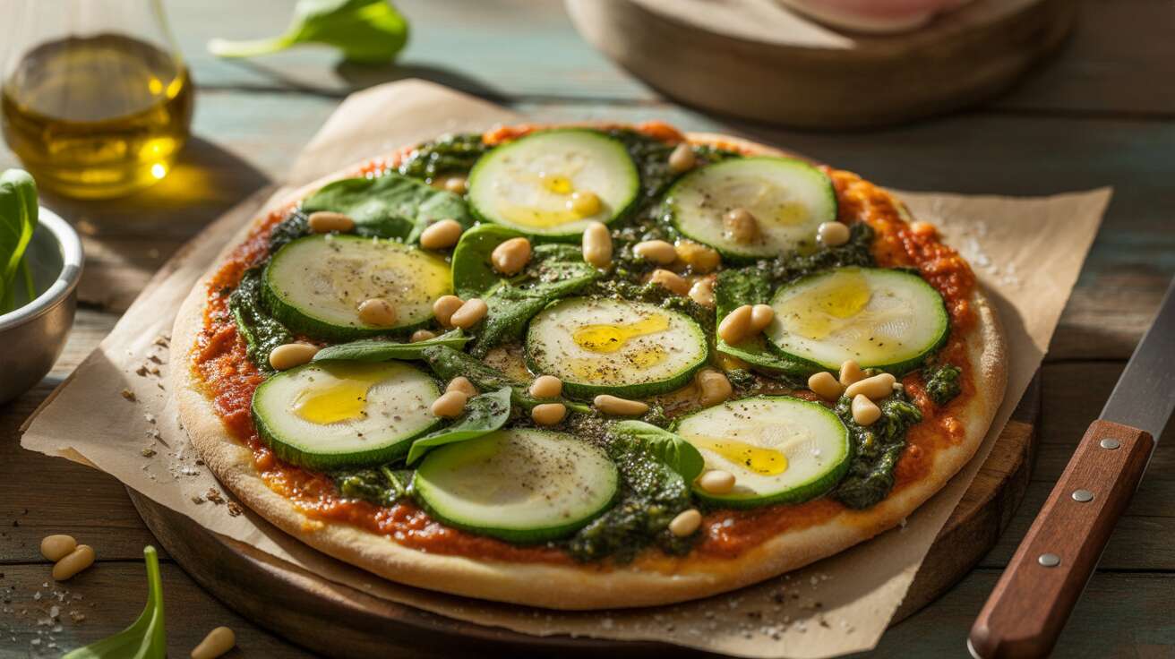 Pizza verte aux légumes, pesto et fromage de brebis : recette savoureuse