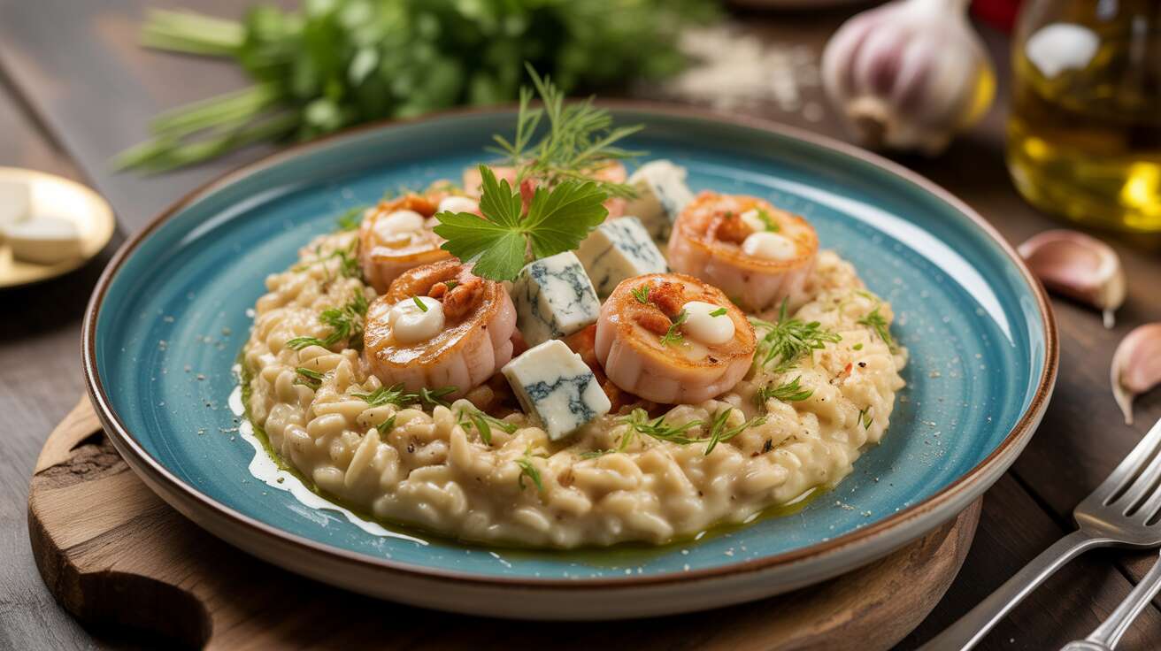 Risotto Saint-Jacques et Gambas au Fromage Bleu : recette Savoureuse