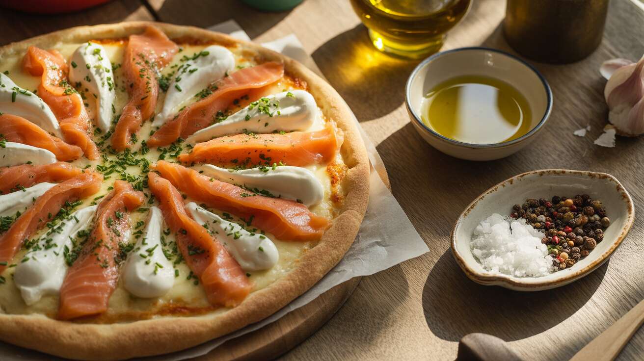 Pizza au saumon et fromage frais ail et fines herbes : recette gourmande