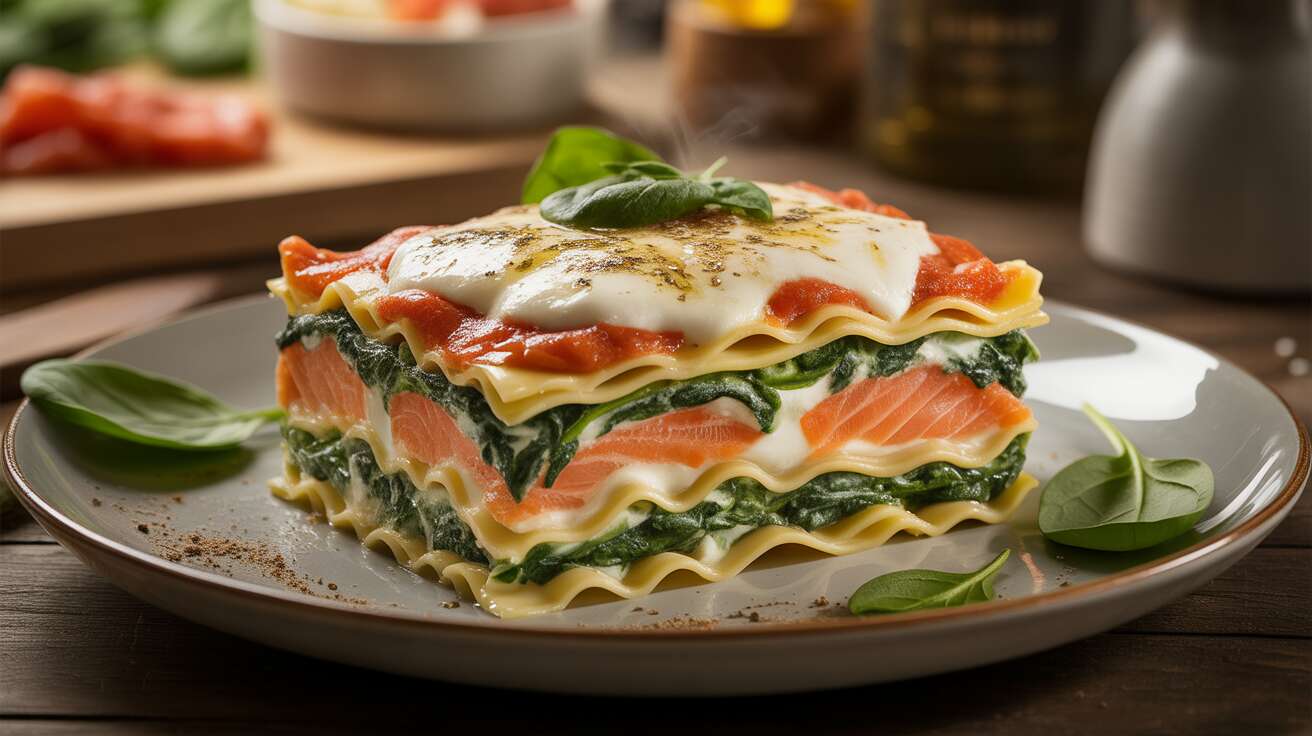 Lasagne au saumon, pesto d'épinard et fromage italien : recette savoureuse