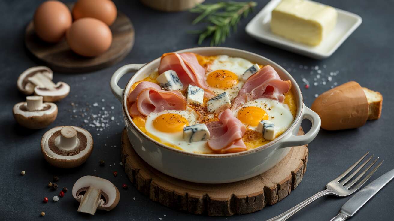 Oeufs cocotte au jambon, champignons et Bleu : recette gourmande