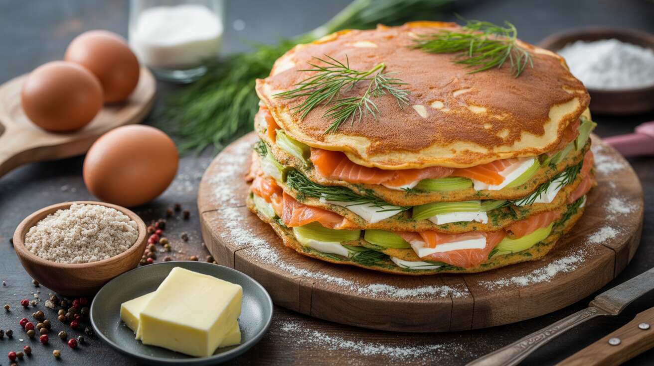 Gâteau de pancakes salés : poireaux, saumon fumé et fromage frais