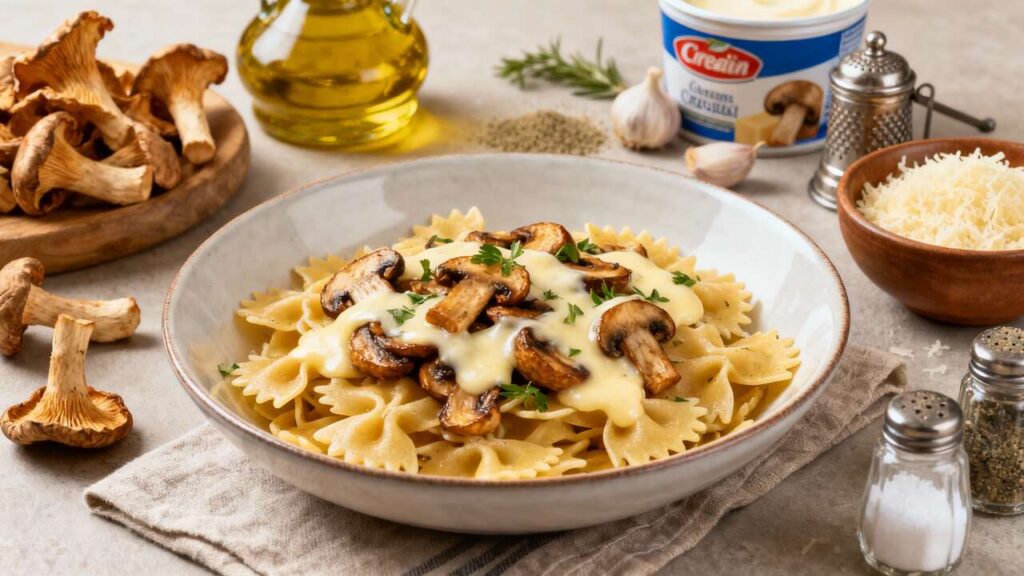 Farfalle aux champignons des bois et fromage italien : recette gourmande
