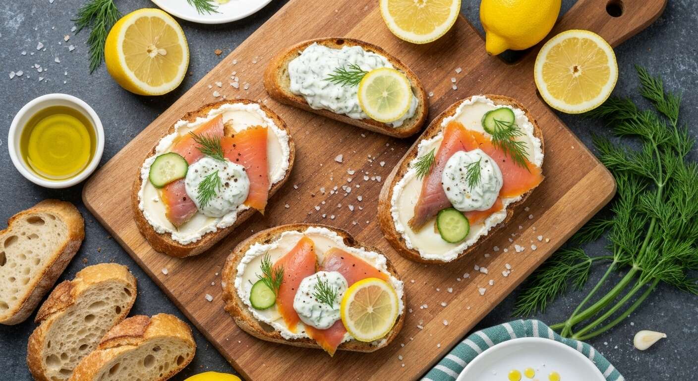 Tartines tzatziki à la truite fumée et fromage de chèvre