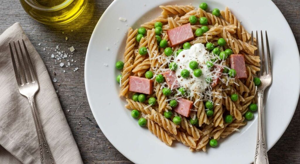 Pâtes légères au jambon, petits pois et parmesan râpé