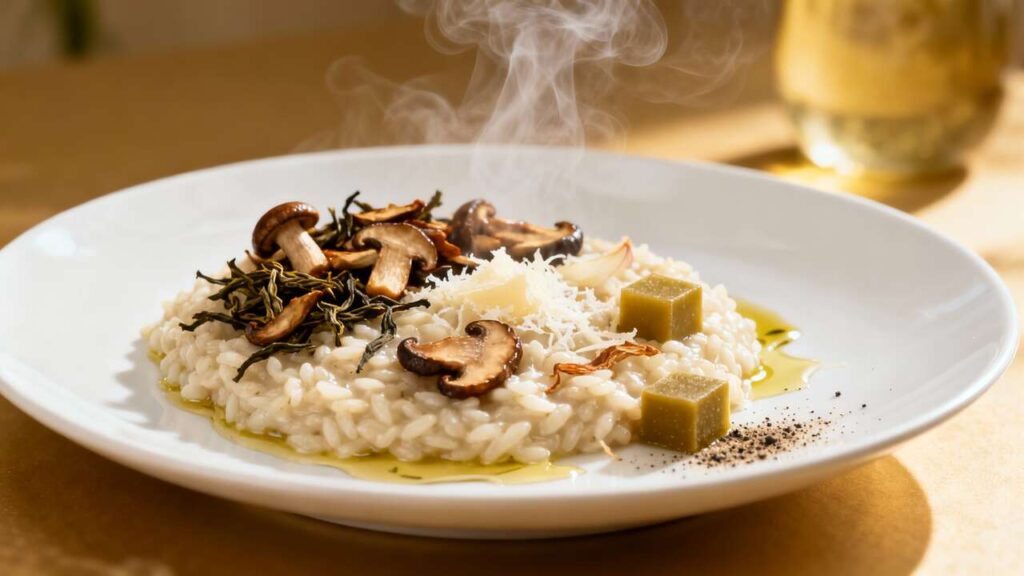 Risotto léger au thé de Chine et champignons : recette savoureuse