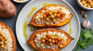 Patate douce farcie au riz et pois chiches : recette légère