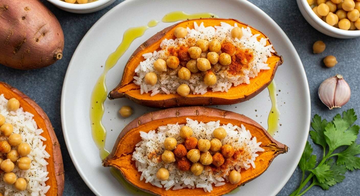 Patate douce farcie au riz et pois chiches : recette légère