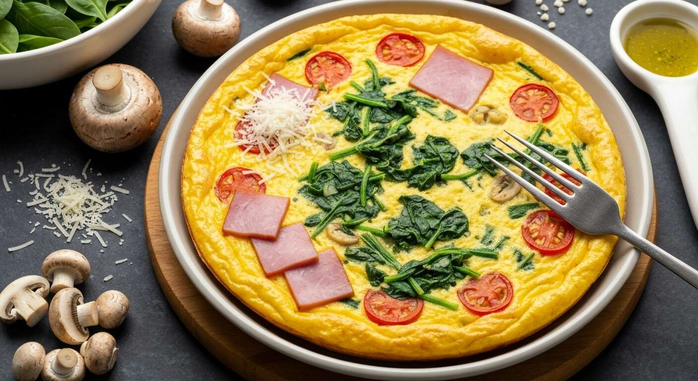 Frittata légère jambon, épinards et champignons : recette savoureuse