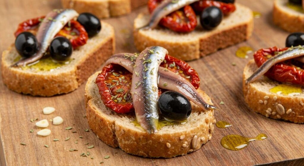 Crostini légers aux anchois, tomates séchées et olives