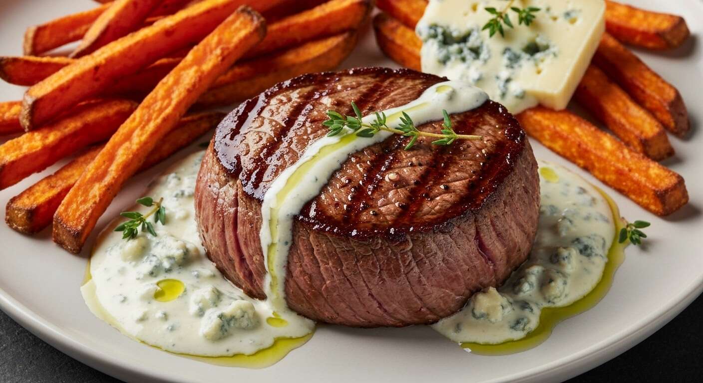 Filet de bœuf à la crème de bleu et frites de patates douces : recette savoureuse