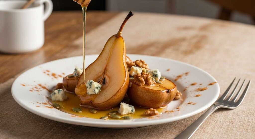 Poire rôtie au miel, fromage bleu et granola aux graines : recette gourmande