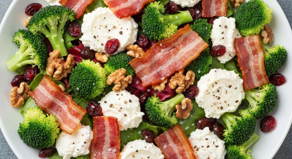 Recette de salade sucrée-salée aux lardons, fromage de brebis et brocolis