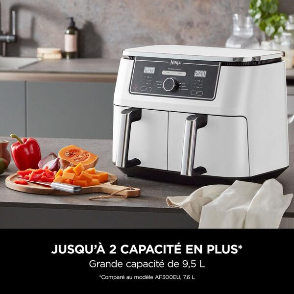 Ninja Foodi MAX Dual Zone Air Fryer, 2 Tiroirs, 9,5L, 6-en-1, Sans Huile, Air Fry, Croustillant Max, Rôtir, Cuire, Déshydrater, 8 Portions, Paniers Antiadhésifs Vont Au Lave-Vaisselle, Blanc AF400EUWH