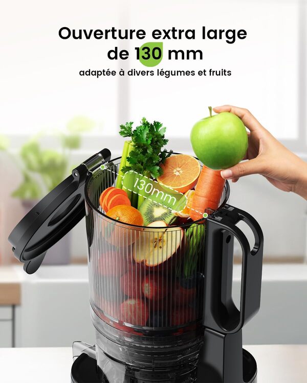Slow Juicer, extracteur de jus de 130 mm et récipient à jus de 1,8 l, presse à froid pour légumes et fruits entiers, facile à installer et à nettoyer, sans BPA