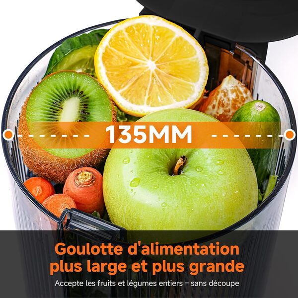 AOBOSI Extracteur de jus, 135 mm, XXL, ouverture de remplissage, 90 tr/min, moteur en cuivre silencieux, sans BPA, haut rendement, pour légumes et fruits, fonction de mastication inversée, vainqueur
