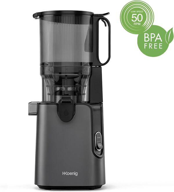 H.Koenig Extracteur de Jus Fruits et Légumes Vertical GSX26 - Sans BPA, Large Ouverture 135 mm, Pression Douce 50 tr/min, Acier Inoxydable, Silencieux, 250 W, Anti-Gouttes, Lavable Machine