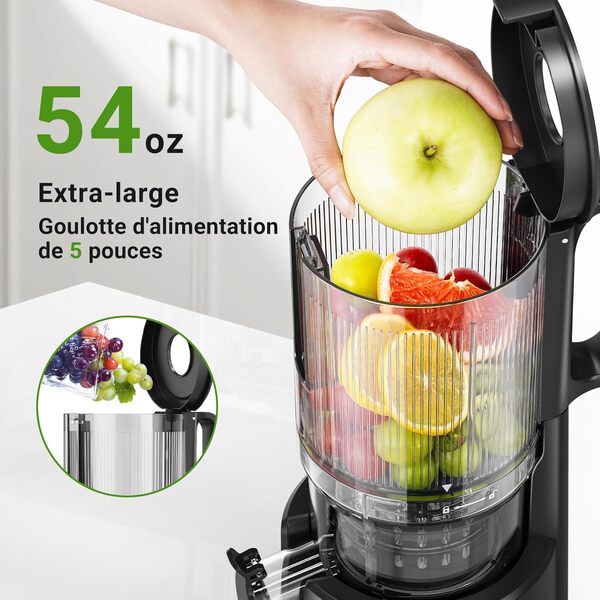 AOBOSI Extracteur de Jus de Fruits et Légumes à Froid 200W, Grande Ouverture 135 mm, Centrifugeuse Extracteur de Jus Silencieuse avec Vis Sans Fin à 8 Étages et Triple Filtration, Facile à Nettoyer
