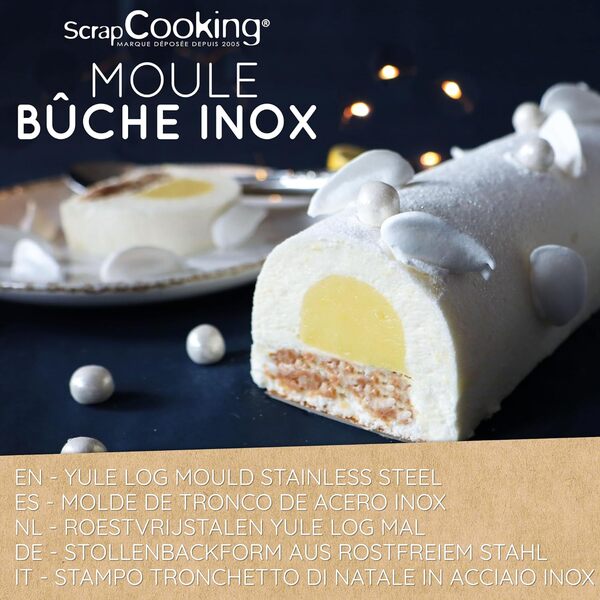 ScrapCooking - Kit Moule Bûche Inox - Gouttière à Bûche en Métal - Accessoires Pâtisserie Dessert de Noël - Avec Insert et Recette de Bûche 3 Chocolats - 1910
