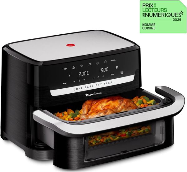 LOT Moulinex air fryer Flex 2 zones 9L, séparateur amovible EZ9228F0, noir + 3 ustensiles Tefal - Epluche légumes K2071814 + pince à aliments K2060714 + spatule K20608